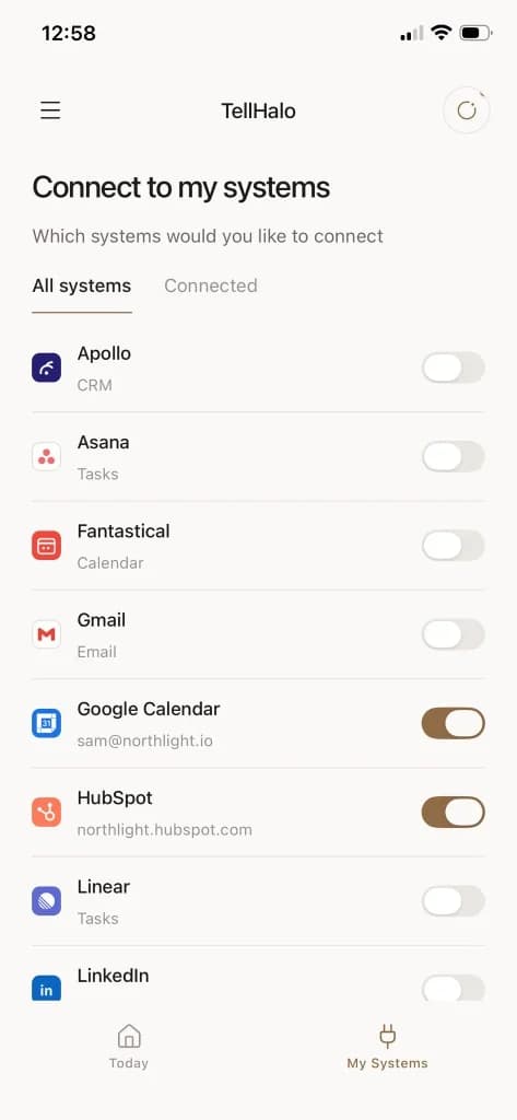 TellHalo app: connected systems, set up once for the whole crew