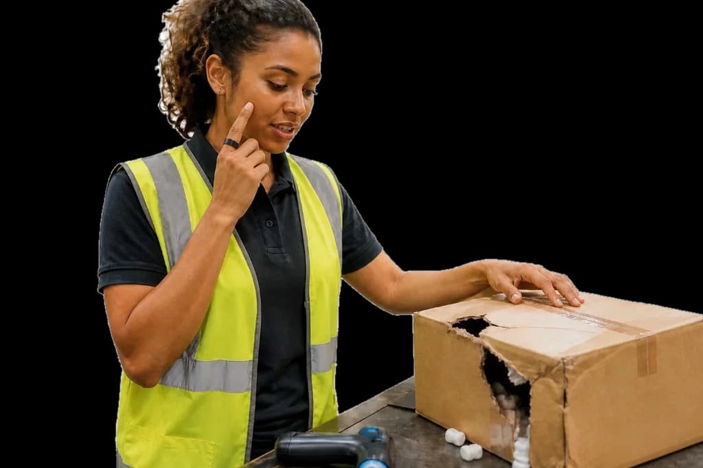 A warehouse employee wearing the TellHalo ring while checking an incoming delivery