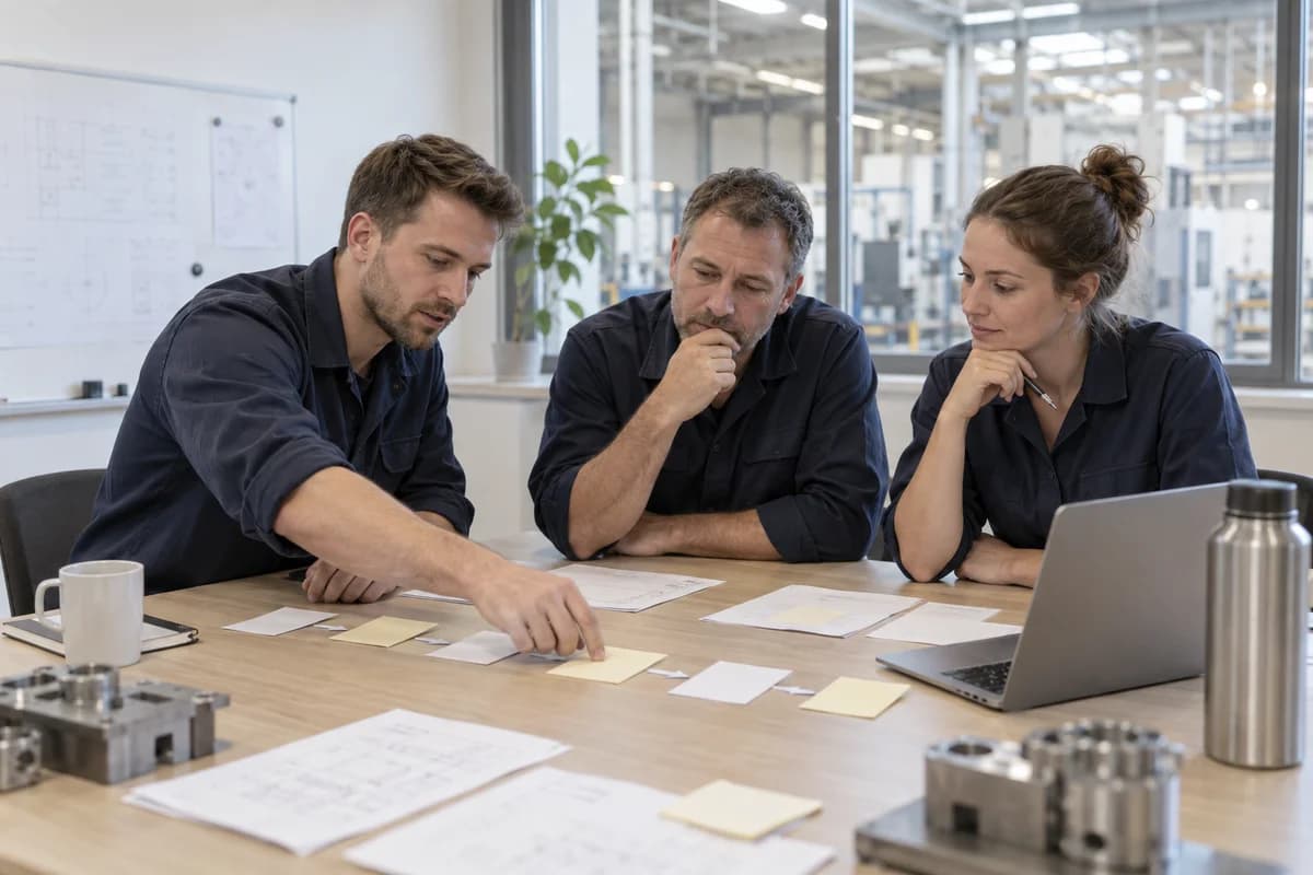 Employees discuss a workflow using notes in a meeting room