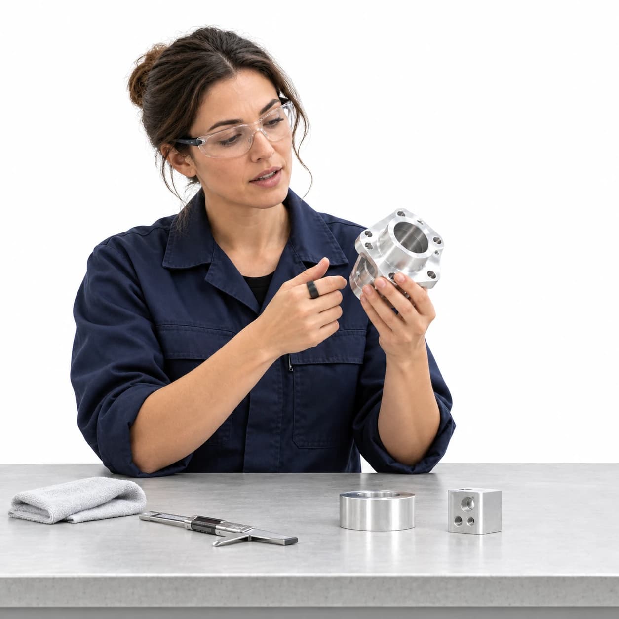 An expert wearing a ring inspects a machined part at a workbench