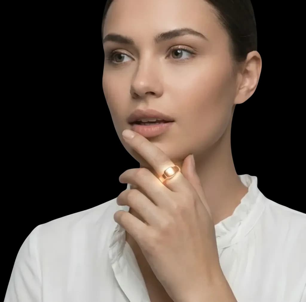 The TellHalo ring, worn on the index finger