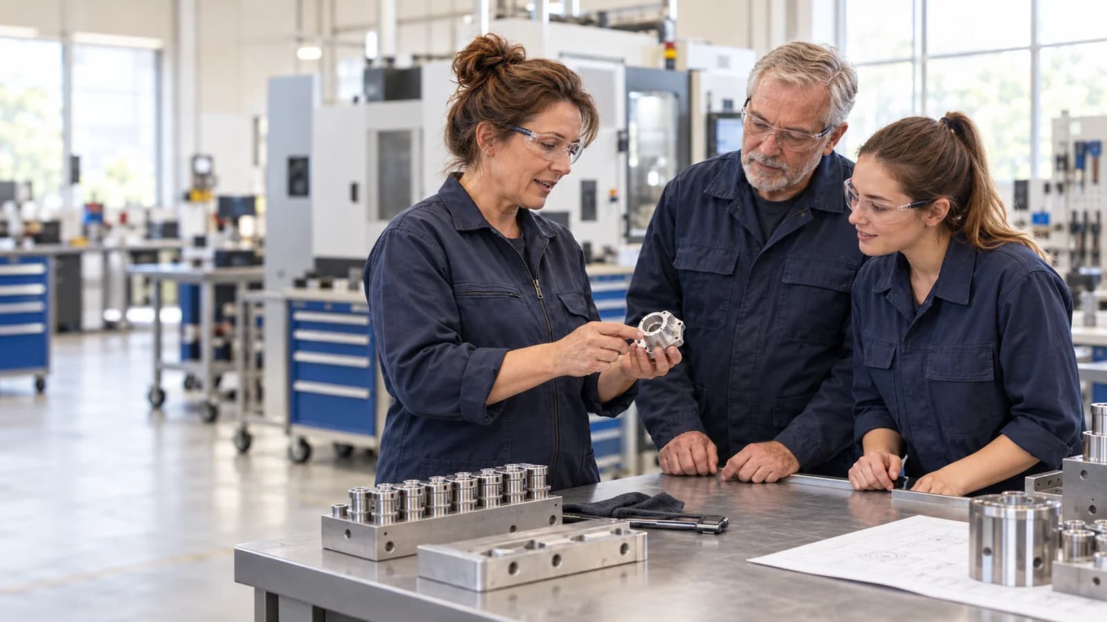 Three manufacturing colleagues share knowledge about a component at a workbench